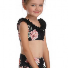 Costum de baie pentru fetite format din 2 piese, bustiera si slip modern, set tankini ideal pentru plaja sau inot, negru cu roz si imprimeu floral, ma
