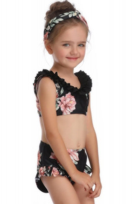 Costum de baie pentru fetite format din 2 piese, bustiera si slip modern, set tankini ideal pentru plaja sau inot, negru cu roz si imprimeu floral, ma foto