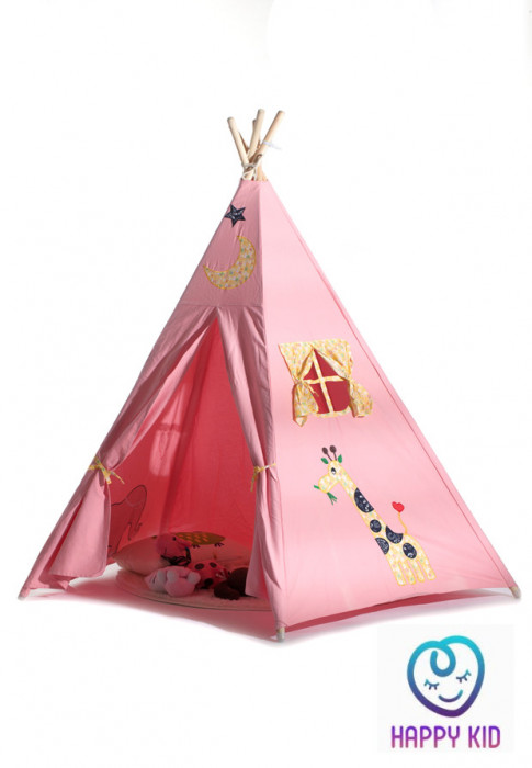 Cort joaca copii stil indian Teepee Tent Girafa BathVision, 120x120x160 Roz