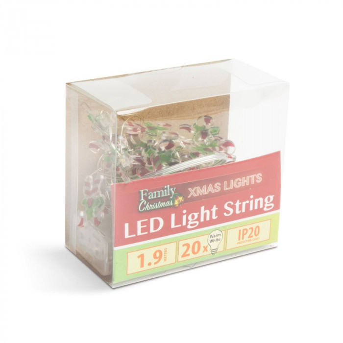Sir de lumini LED, forma de acadele baston, 2.2 m, 20 LEDuri, 2 x AA, Alb cald