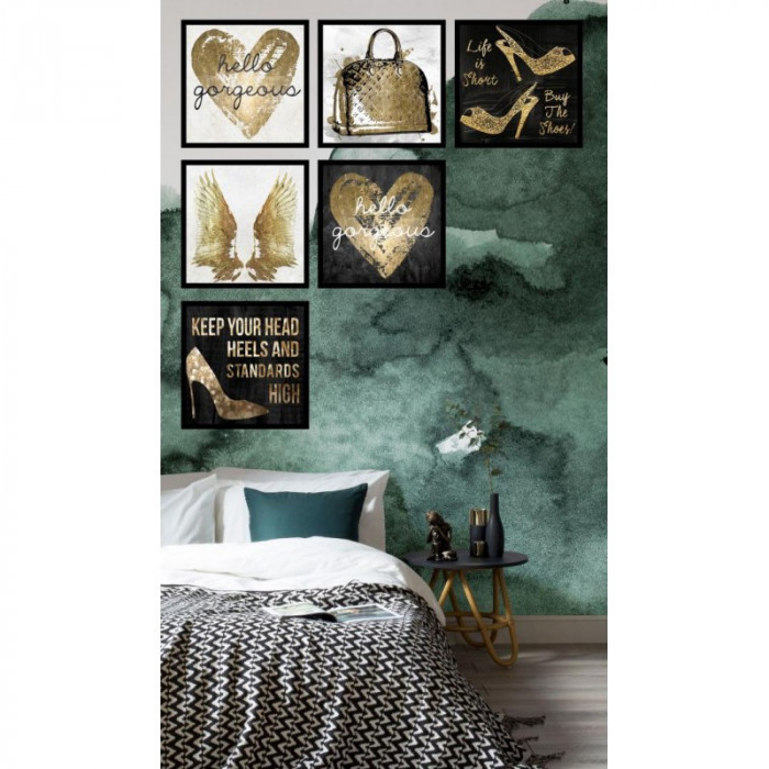 Set tablouri decorative Heinner, 30 x 30 cm, placa MDF, rama plastic, 6 piese, Gold Heart