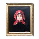Tablou celebu inramat pictat manual, Tarancuta cu basma rosie, 35x30cm ulei pe panza rama din lemn, reproducere Nicolae Grigorescu