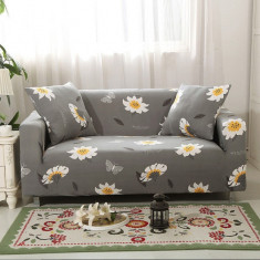 Husa universala pentru canapea, pat, cu 2 fete de perna, gri cu flori,190x230 cm