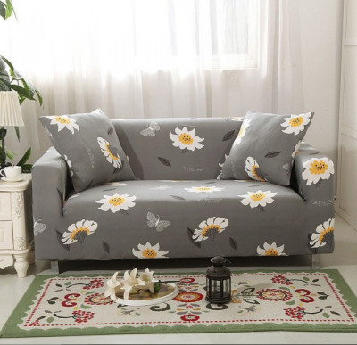 Husa universala pentru canapea,pat,cu 2 fete de perna,gri cu margarete,90x140 cm foto