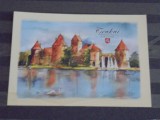 LITHUANIA - REPRODUCERE DUPA UN TABLOU CU CASTELUL TRAKAI - PRINTATA PE O HIRTIE SPECIALA PINZATA - STEMA TARII SUB NUMELE CASTELULUI - NECIRCULATA