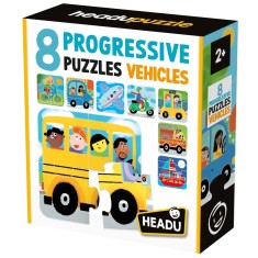 Headu - 8 Puzzleuri progresive Vehicule cu piese mari pentru copiii de peste 2