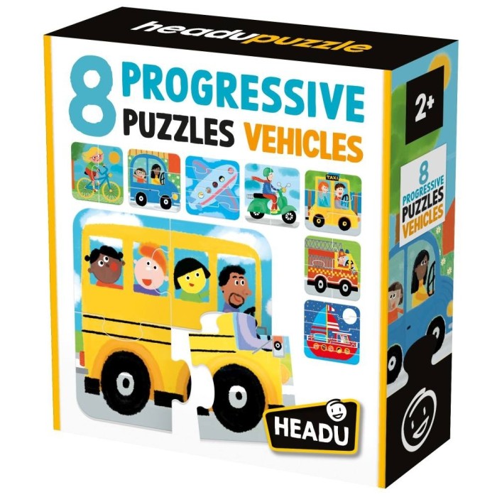 Headu - 8 Puzzleuri progresive Vehicule cu piese mari pentru copiii de peste 2