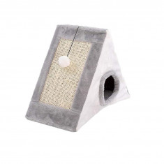 Casuta culcus in forma de triunghi pentru pisici, cu jucarie, cu loc de ascutit gherutele, Gri, 55x27cm