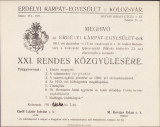 HST A693 Invitație Erdelyi Karpat Egyesulet EKE meghivo 1911 Cluj