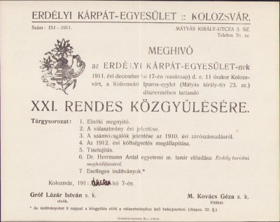 HST A693 Invitație Erdelyi Karpat Egyesulet EKE meghivo 1911 Cluj foto
