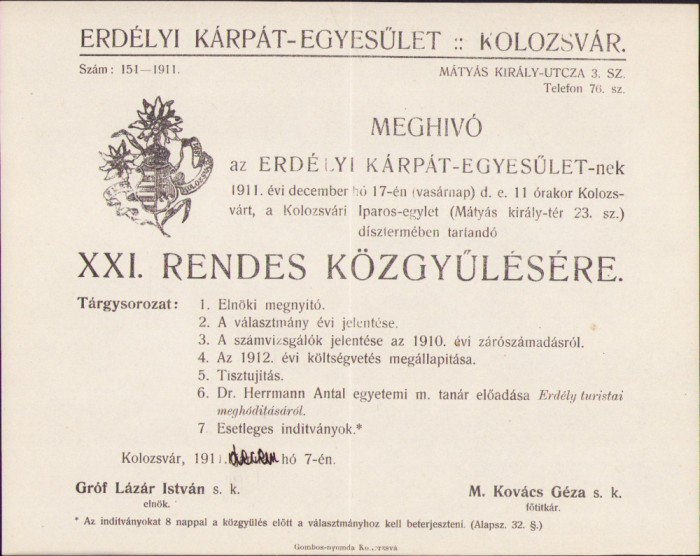 HST A693 Invitație Erdelyi Karpat Egyesulet EKE meghivo 1911 Cluj