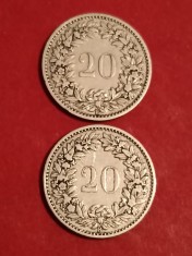 Lot 2 monede Elvetia: 20 rappen 1891 + 1894 , tiraje de 1.000.000 [poze]. Discount conform descrierii [10 - 20 %. Vezi descrierea.].
