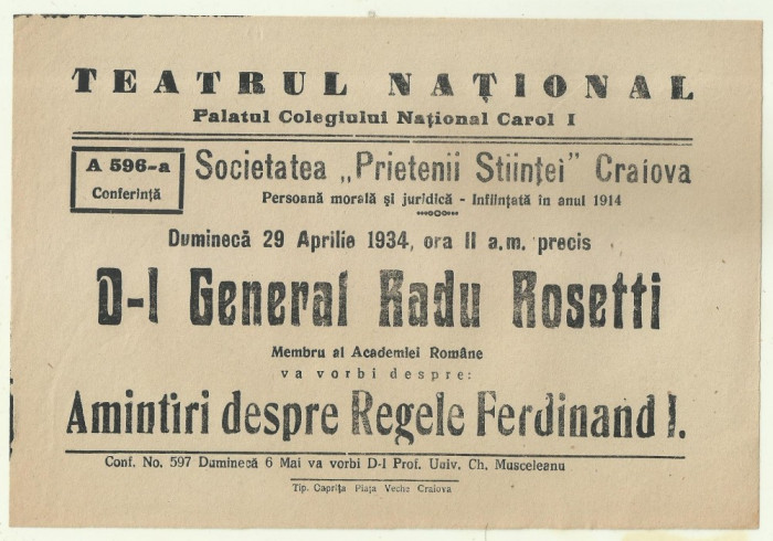 Afis Conferinta General Radu Rosetti : Amintiri despre Regele Ferdinand I - 1934