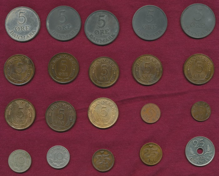 35 monede diferite Danemarca - anii 1953-1992.