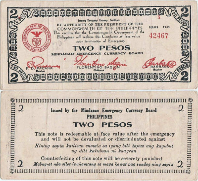 1944, 2 pesos (P-S524b) - Filipine (Mindanao)! foto