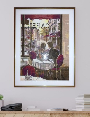 Goblen inramat elegant mare handmade: Cuplu la cafenea, lucrat manual foto