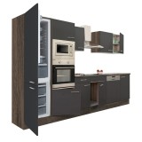 Mobilier de bucătărie Yorki 340, cu corp din stejar Yorki, fațade antracit cu finisaj satinat, cu frigider cu congelator &icirc;n partea de jos, fără blat d