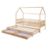 Pat copii dublu tip casuta 90x200 cm din lemn de pin natur