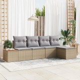 Set de canapea de grădină vidaXL cu 5 piese, perne bej, ratan polimer acacia, Canapea de grădină vidaXL cu 2 locuri cu depozitare și perne bej, ratan