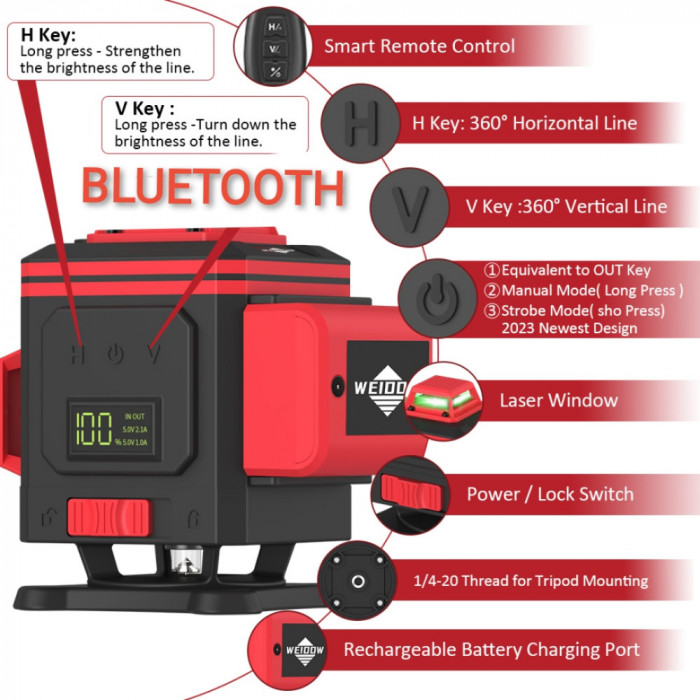 Nivela laser verde 8D - 360&deg;-telecomanda - Bluetooth - acumulator