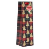 Sacou cadou din hartie, model carouri rosii cu brad si glitter auriu, pentru sticle, 11x10x36 cm, CMCLASS