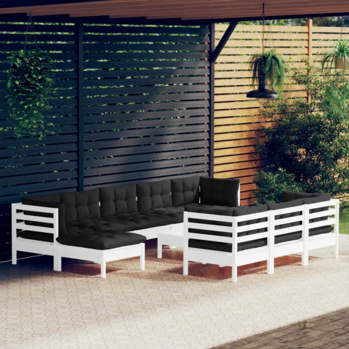 vidaXL Set mobilier de grădină cu perne, 11 piese, alb lemn masiv pin