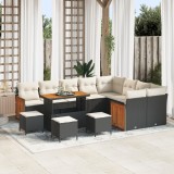 Set de 13 Piese de Sofa de Grădină cu Perne Negru Poliratan Acacia, Set de Dining de Grădină cu 4 Piese cu Perne Negru Poliratan Acacia, Sofa de Grădi, vidaXL