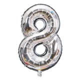 Balon din folie flippy, cifra 8, 81 cm, pentru aer sau heliu, bulk, argintiu