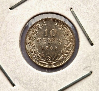 Olanda 10 Cents 1904 moneda argint km # 136 AG. 640 tiraj mic foto