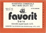 NI416 Etichetă bere blondă superioară Favorit, Societatea comercială malț bere Galați SA, &icirc;nceputul anilor 1990