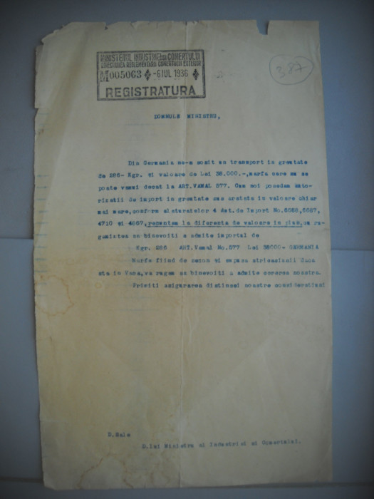 HOPCT DOCUMENT VECHI 387 MINISTERUL INDUSTRIEI COMERT EXTERIOR /BUCURESTI 1936