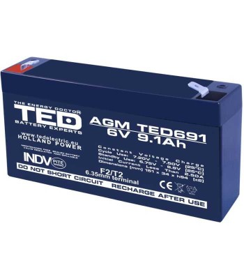 Acumulator AGM VRLA plumb acid 6V 9.1A 151x34xh95mm F2 TED Battery Expert Holland TED002990 5949258002990 foto