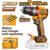 Masina de gaurit Bormasina 20V cu Impact 66Nm Mandrina Metalica, brushless, 2000rpm, fara acumulator Ingco CIDLI206681