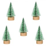 Set Brazi Crăciun Decorativi, 9cm, Verde, Glitter, Zăpadă, Bază Lemn, 5 Bucăți