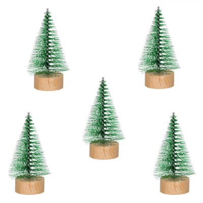 Set Brazi Crăciun Decorativi, 9cm, Verde, Glitter, Zăpadă, Bază Lemn, 5 Bucăți foto