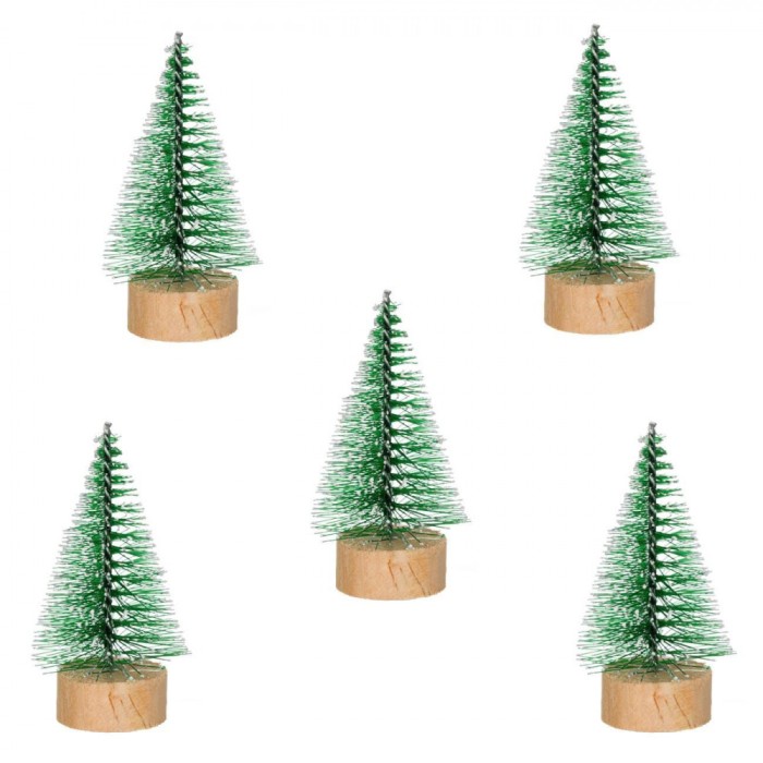 Set Brazi Crăciun Decorativi, 9cm, Verde, Glitter, Zăpadă, Bază Lemn, 5 Bucăți
