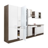 Mobilier de bucătărie Yorki 370, cu corp din stejar Yorki, fațade albe cu finisaj satinat, cu dulap cu rafturi și frigider cu congelator &icirc;n partea de