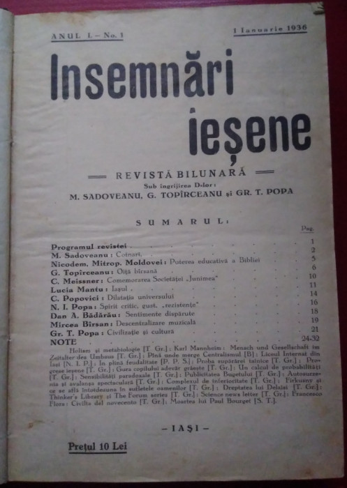 12 Reviste &Icirc;NSEMNĂRI IEȘENE - 1936, anul I, nr. 1-12, Iași, 734 pagini