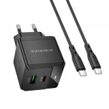 Incarcator Retea Cu Cablu USB-C Borofone BN19 Intenso, 20W, 3A, 1 x USB-A - 1 x USB-C, Negru