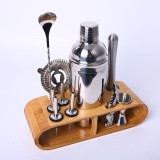 Set Cocktail Shaker, pentru preparare bauturi, 11 piese, otel inoxidabil, shaker argintiu, 750 ml, suport bambus