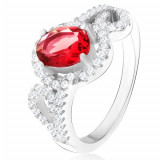 Inel cu zirconiu oval, roşu, contururi de jumătăţi de inimă, argint 925 - Marime inel: 50