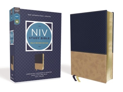 NIV Study Bible, Fully Revised Edition, Leathersoft, Navy/Tan, Red Letter, Comfort Print foto