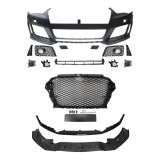 Set bara fata AUDI A3 (8V), 06.2012-07.2016, cu lampi ceata, cu gauri spalator si 4 senzori parcare; grunduit, de vopsit; type RS3; cu grile, cu spoi