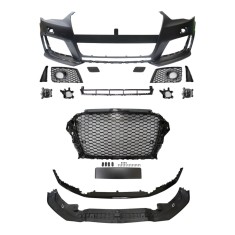 Set bara fata AUDI A3 (8V), 06.2012-07.2016, cu lampi ceata, cu gauri spalator si 4 senzori parcare; grunduit, de vopsit; type RS3; cu grile, cu spoi