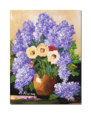 Tablou pictat manual, Aanjament floral cu liliac, 40x30cm ulei pe panza, Constantin Feraru foto