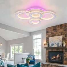 Lustra LED cu telecomanda si cristal NOVA ROTONDA RGB, 86W, 4 Cercuri, lumina Rece/Calda/Neutra, Dimabila, Alb