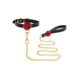 Set TABOOM Collar &amp; Leash Wild Roses pentru jocuri erotice BDSM, cu trandafiri decorativi, din piele naturală, culoare negru cu roșu