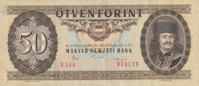 Ungaria, 50 forint 1986, XF _ prințul Ferencz R&amp;aacute;k&amp;oacute;czi II_D 584 _034139 foto