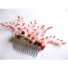 Pieptene mireasa rosu si alb, perle si cristale 28289