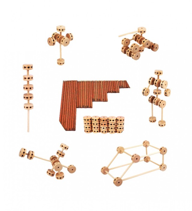 Jucarie de indemanare, Set constructii din lemn natural, 60 piese, SL1500